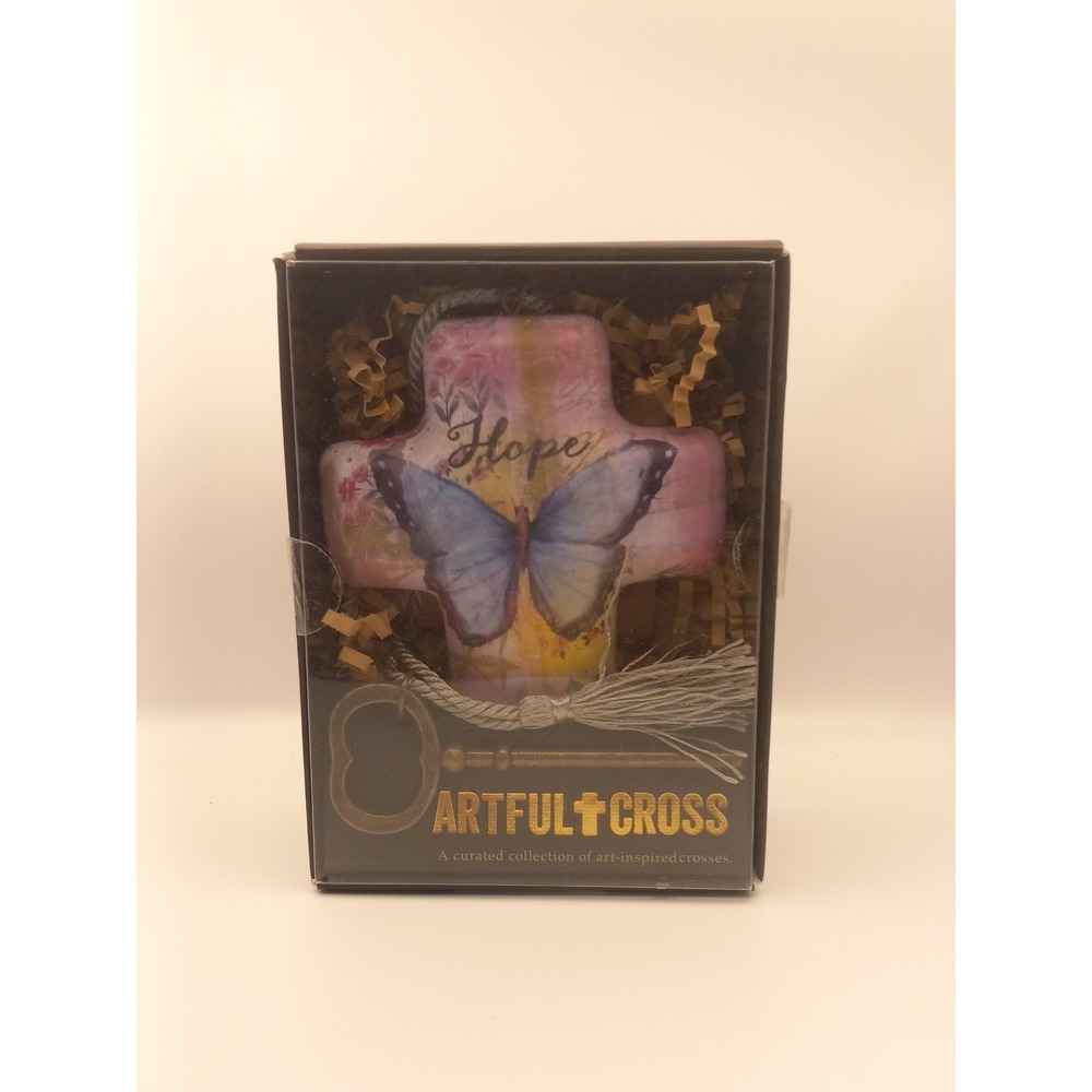 Demdaco Artful Cross Hope Blue Butterfly Decorative Keepsake with Key 710027